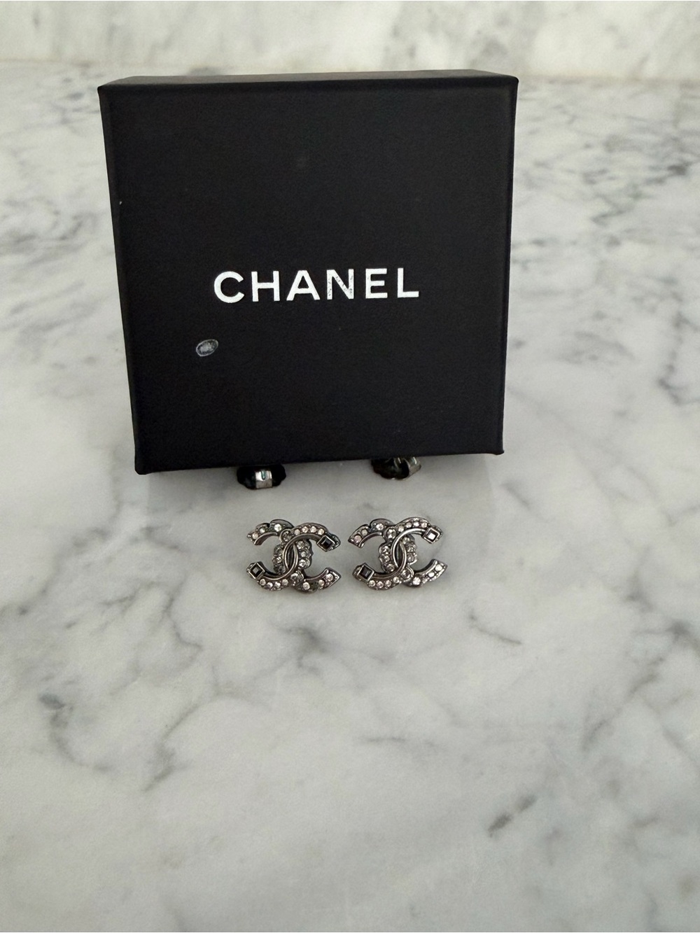 CHANEL Crystal-Embellished CC Logo Stud Earrings - Silver